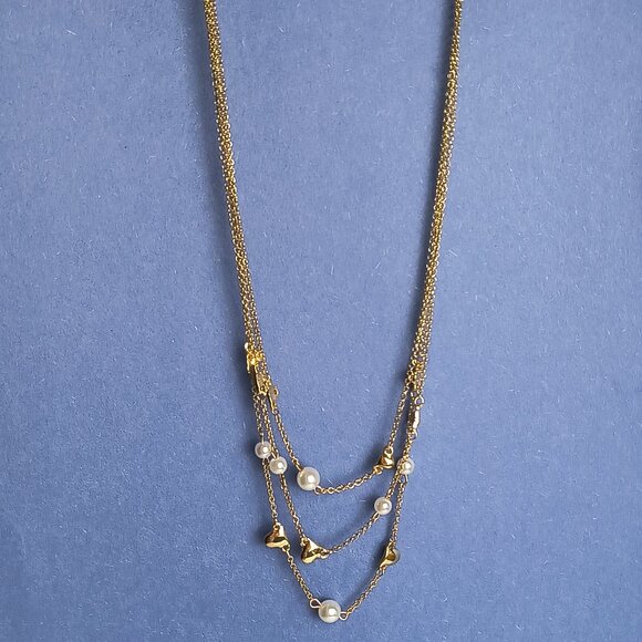 Multi Strand Faux Pearl Gold Tone Layered Necklace Lobster Claw Clasp Casual - Picture 2 of 6